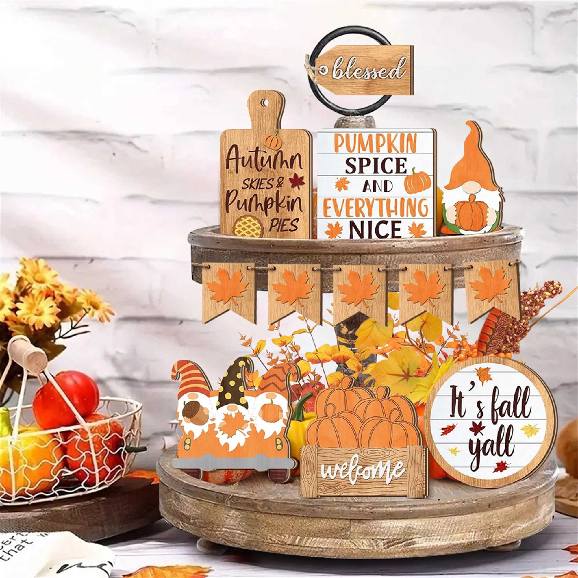 Fall Harvest Wooden Pumpkin Maple Leaf Table Centerpiece Decor Set of 10 Colorful Thanksgiving Tiered Tray Decorations for Home C250919
