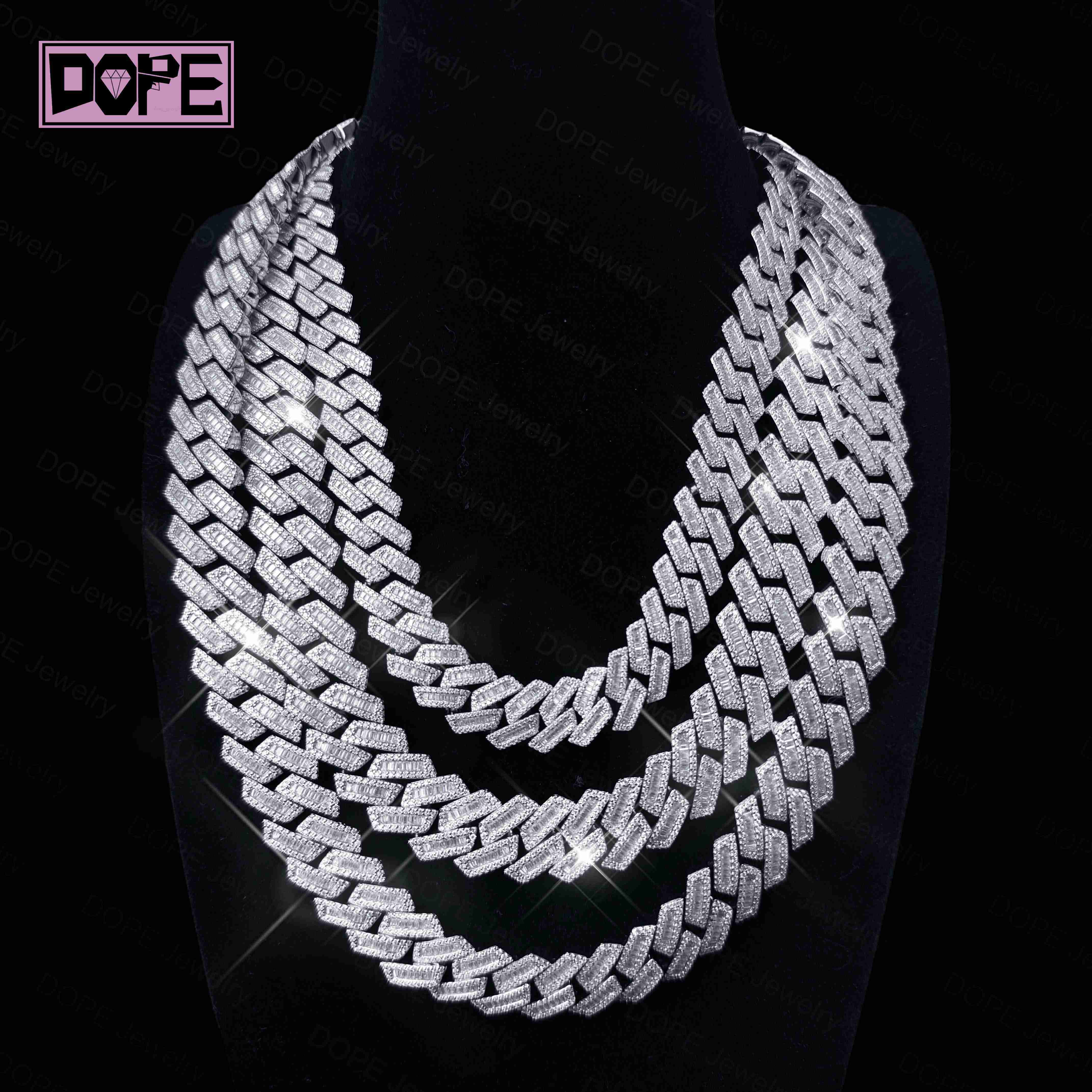15mm Cuban Link Chain 925 Silver Straight Edge Iced Out Hiphop Middle Baguette Moissanite Cuban Chain for Men