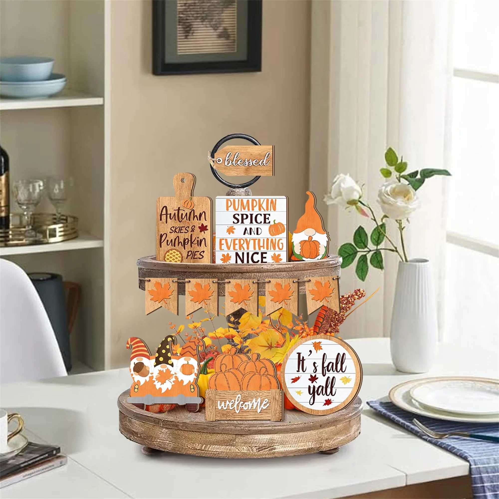 Fall Harvest Wooden Pumpkin Maple Leaf Table Centerpiece Decor Set of 10 Colorful Thanksgiving Tiered Tray Decorations for Home C250919