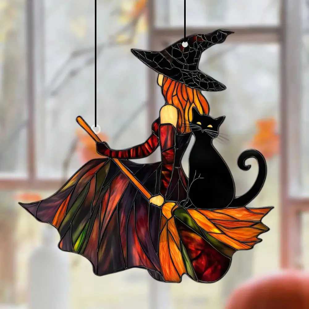 Gothic Acrylic Witch Black Cat Suncatcher Halloween Window Decoration Wind Chime Broom Witch Hanging Ornament for Home Party C250919