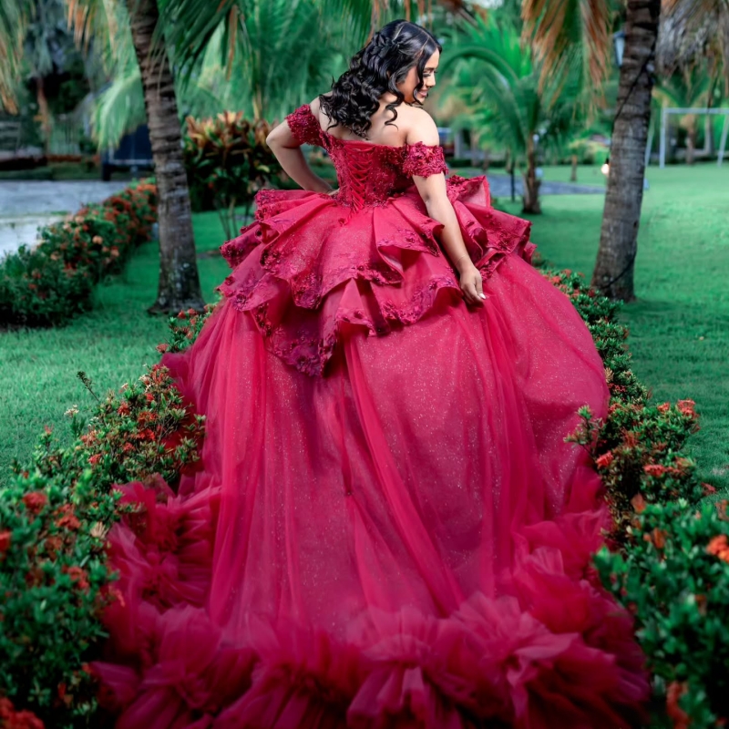 Red Shiny Quinceanera Dresses Off The Shoulder Applique Lace Bow Beads Tiered Tull Party Birthday Sweet 16 Dress Vestidos De 15 Anos