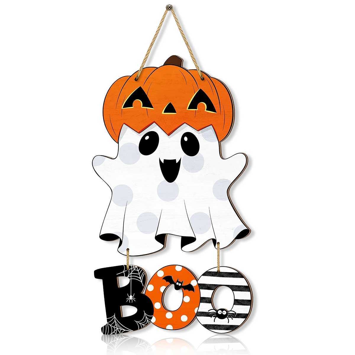 Halloween Decorative Hanging Sign Adorable Ghost with Pumpkin Head and BOO Letters Festive Home Decoration C250919