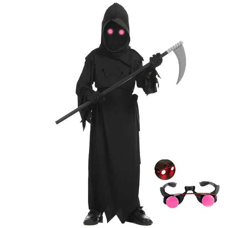 Child Horror Red Eye Grim Reaper Costume Scythe Devil Darkseid Ghost Cosplay Suit Halloween Hooded Party Dress Gloves L250918
