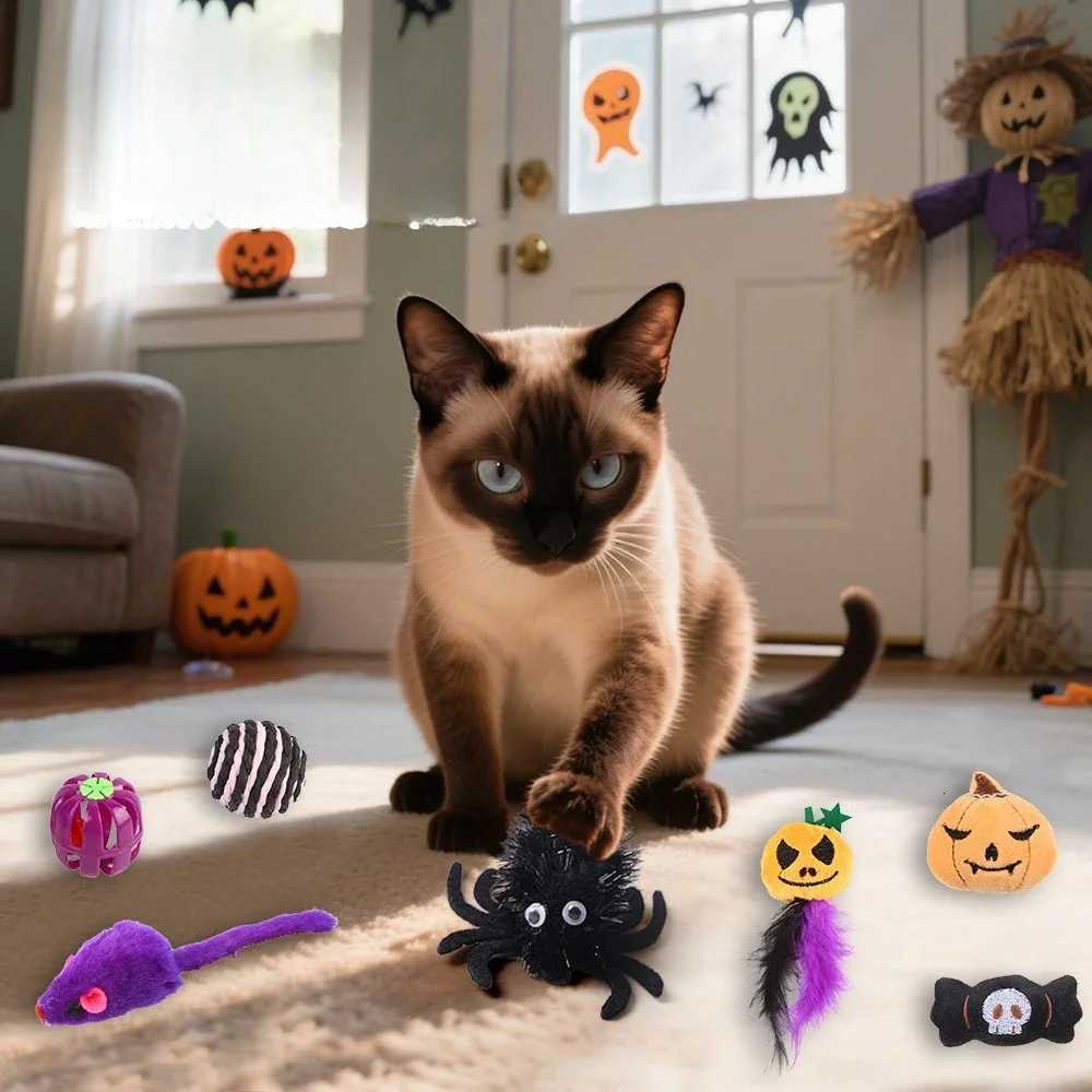 Funny Halloween Toys Set for Cats To Relieve Boredom Chew Cat Toys Interactive Bats Spiders Pumpkin Shaped Toy Pet Products X250918