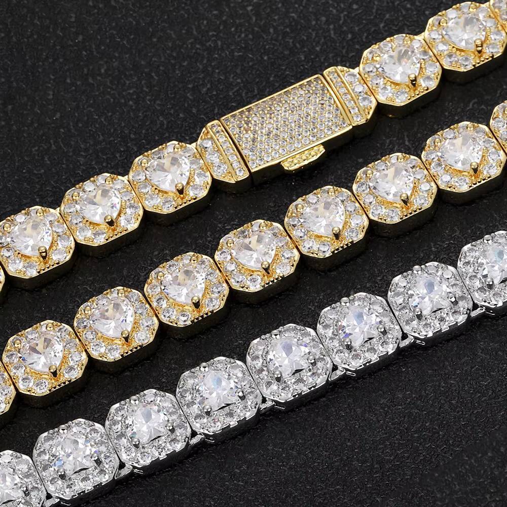 NUOYA High Quality 10mm Iced Out Heart Shape Moissanite Diamond Chain Jewelry for Women 18k Gold Plated Cluster Tennis Bracelet