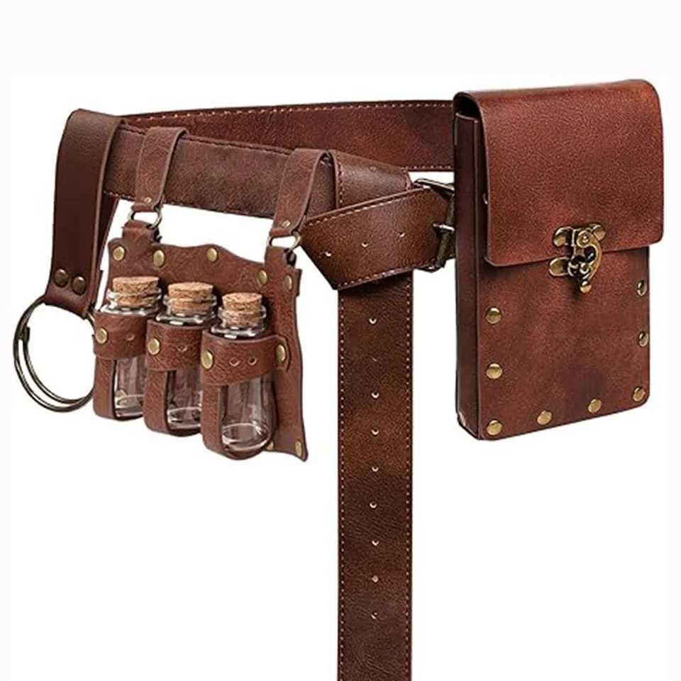 Renaissance Costume Accessories Belt Pouch 3 Potion Bottles Leather Holder Medieval Festival Halloween Costume Belt Waist Set L250918