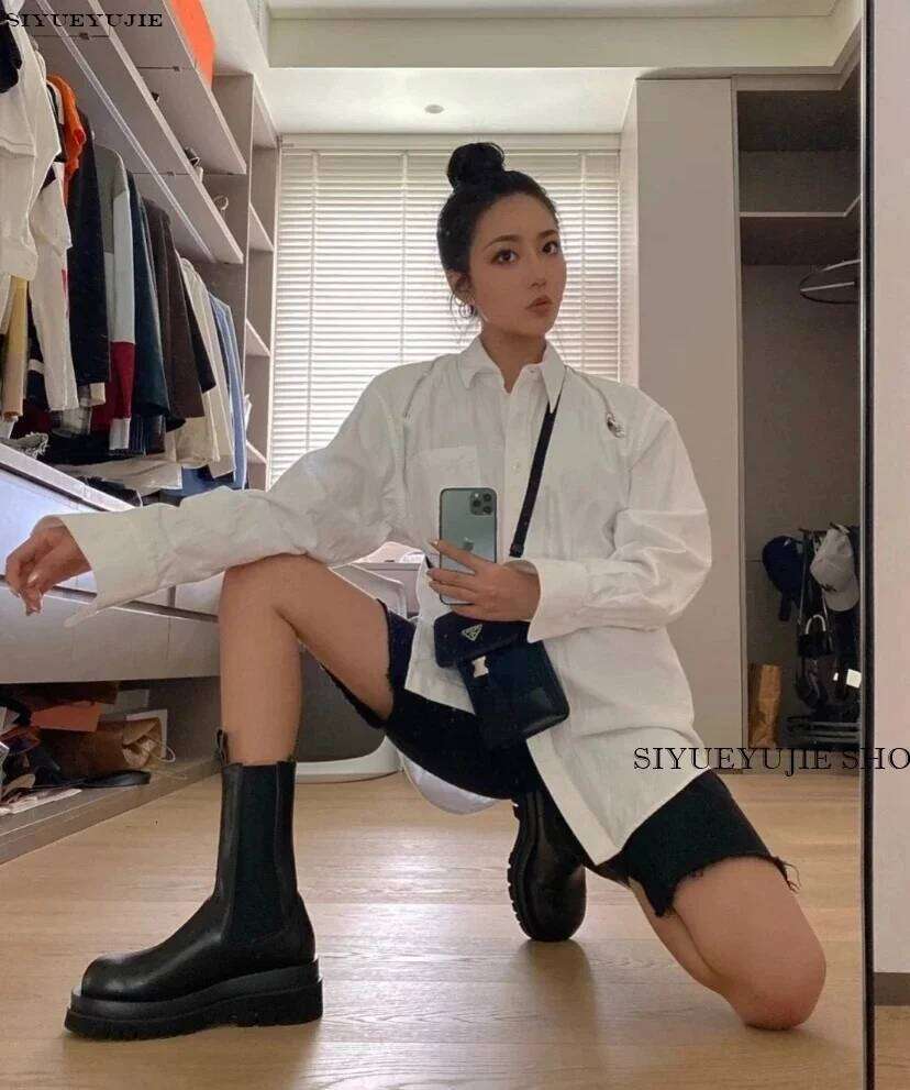 for Women 2024 Leather flat Ankle Booties Woman Punk Thick Bottom Slip on Combat Boots Black Chunky Platform Botas