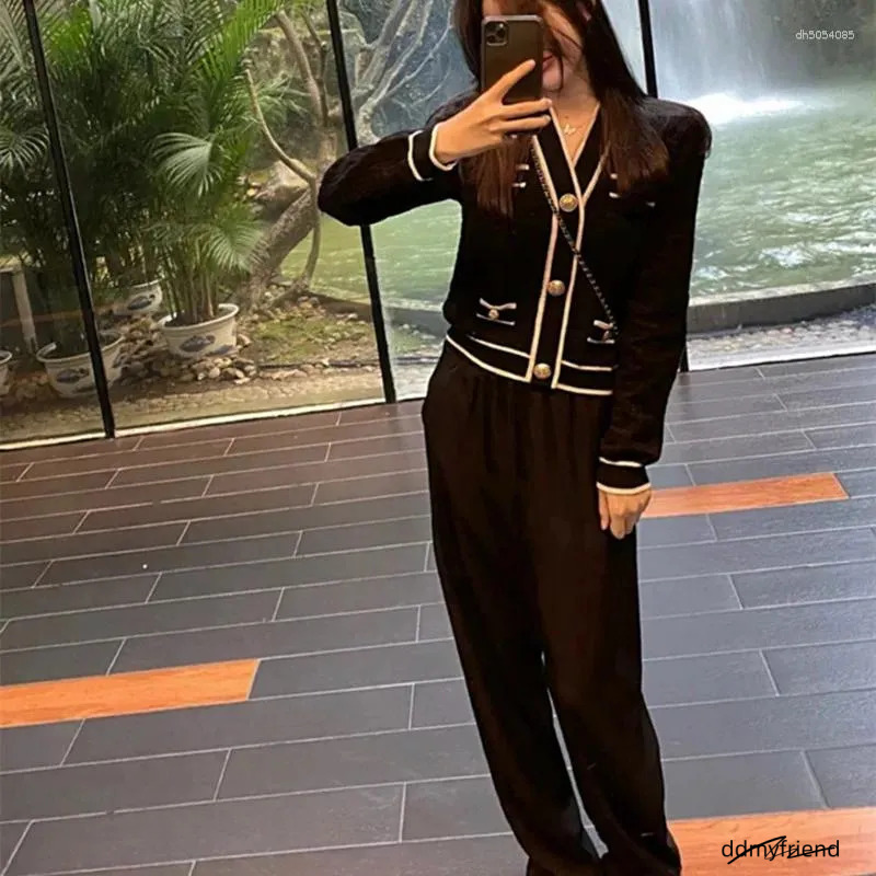 Women's Tracksuits Vintage Fall Winter Knitted 2 Piece Set Female Elegant V Neck Patchwork Sweater Top&Wide Leg Pants Suits Women Casual ddmyfrie