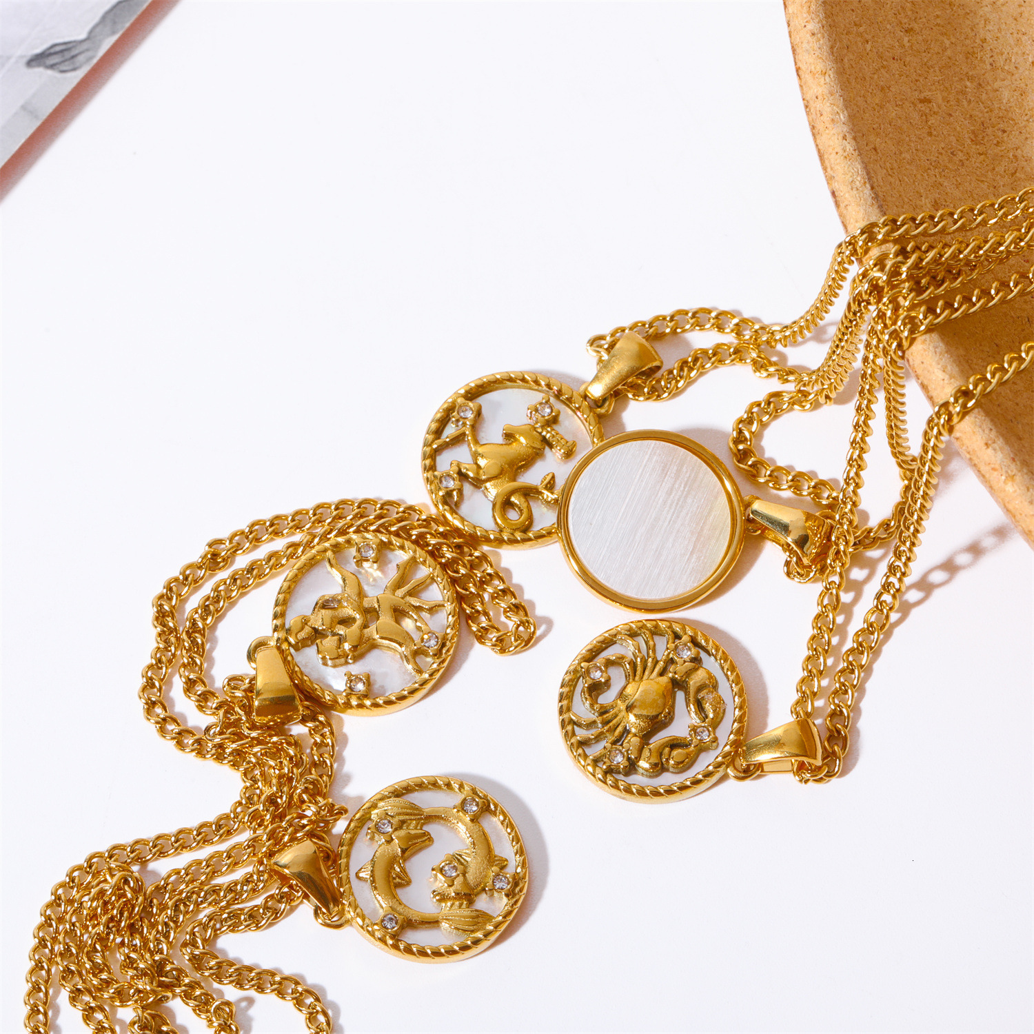 Stainless Twee Round Coin Shell 12 Constellations Necklace Titanium Steel Vacuum Plating