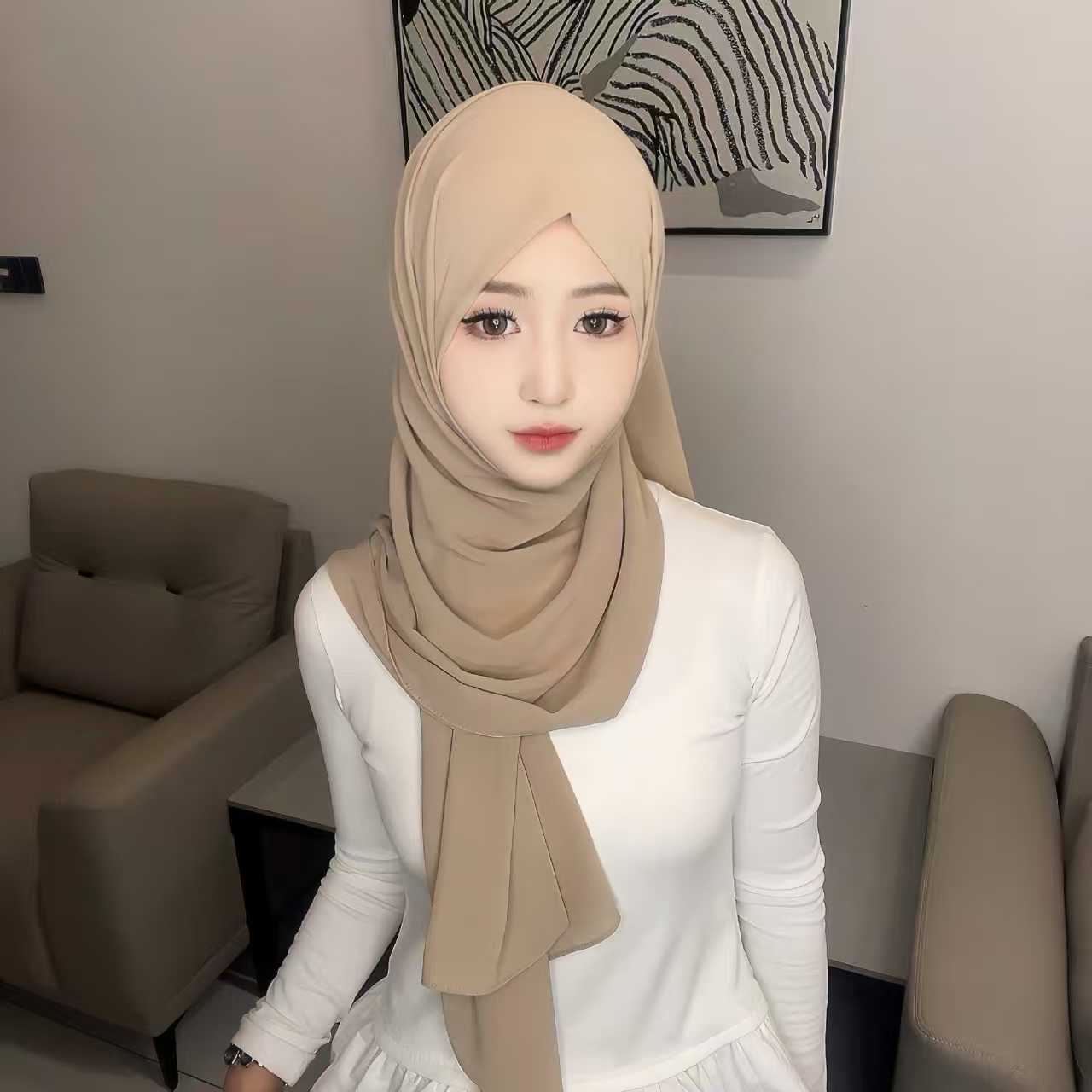 T1788 Solid Color Pearl Embellished Chiffon Scarf/Shawl for Women