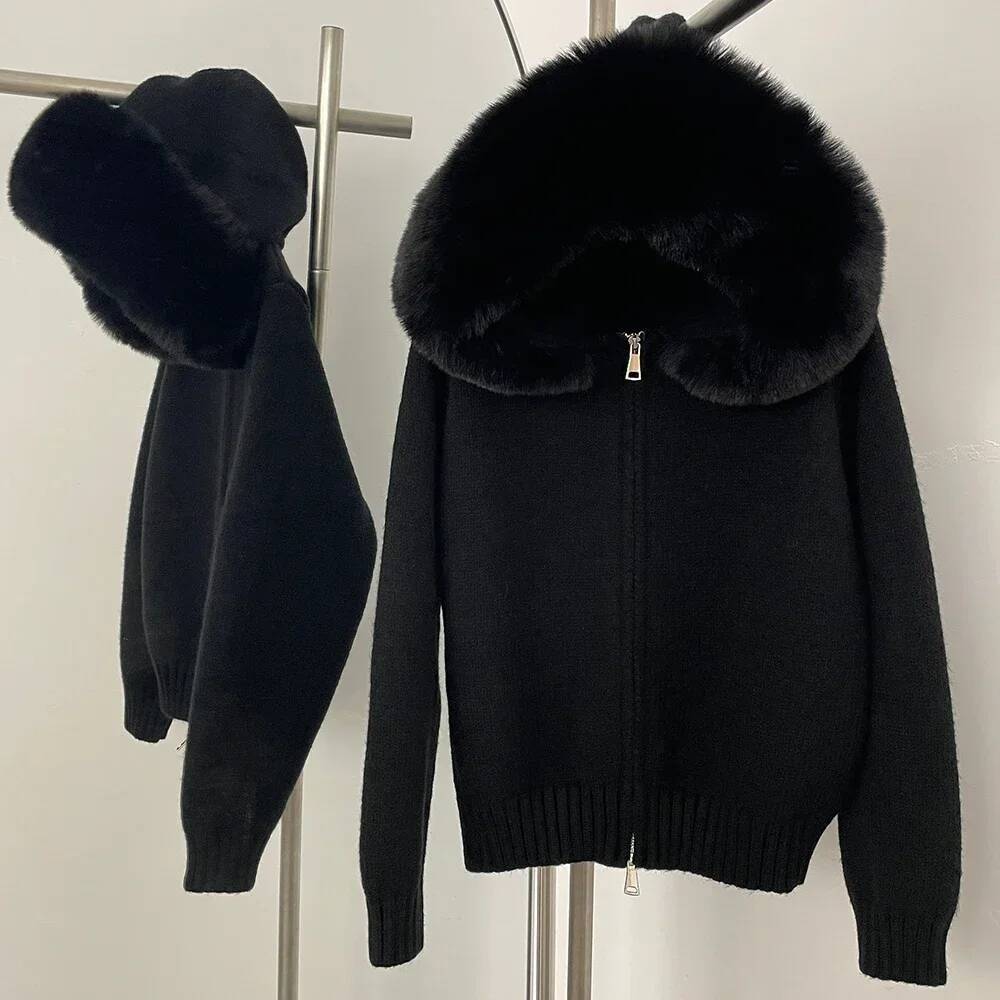 Women Hooded Faux Cardigan Spring Sweater Autumn Female Solid Fake Fur Knitting Coat Loose Knitwear Lady Oversized