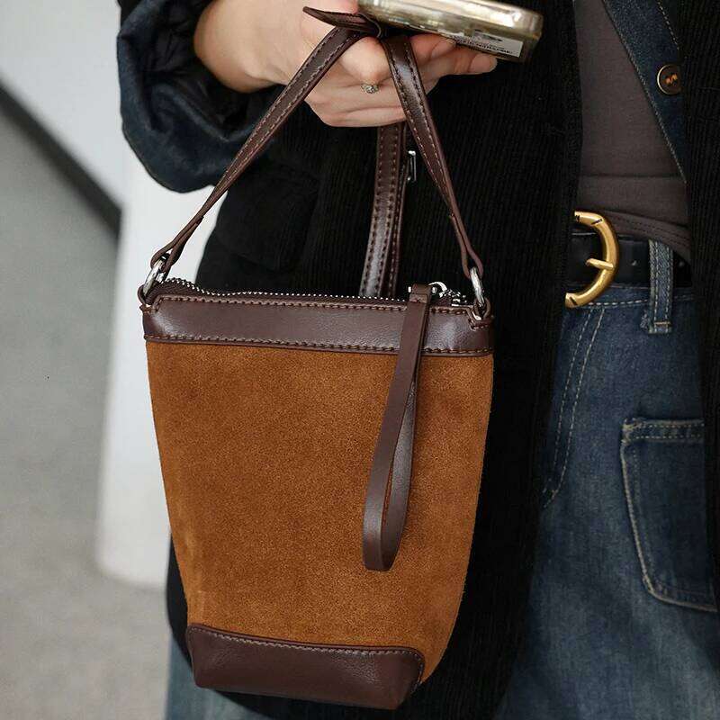Designer Bag Luxury Bag Autumn And Winter Women's Genuine Suede Mini Bucket Bag, Designer Handbags, Top-Grain Leather Commuting Crossbody Bag