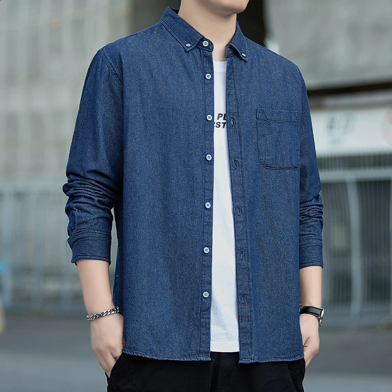 Spring Autumn Mens Denim Shirts Cotton Long Sleeve Solid Color Slim Casual Blue Streetwear Daily Jean Blouse Tops 250919