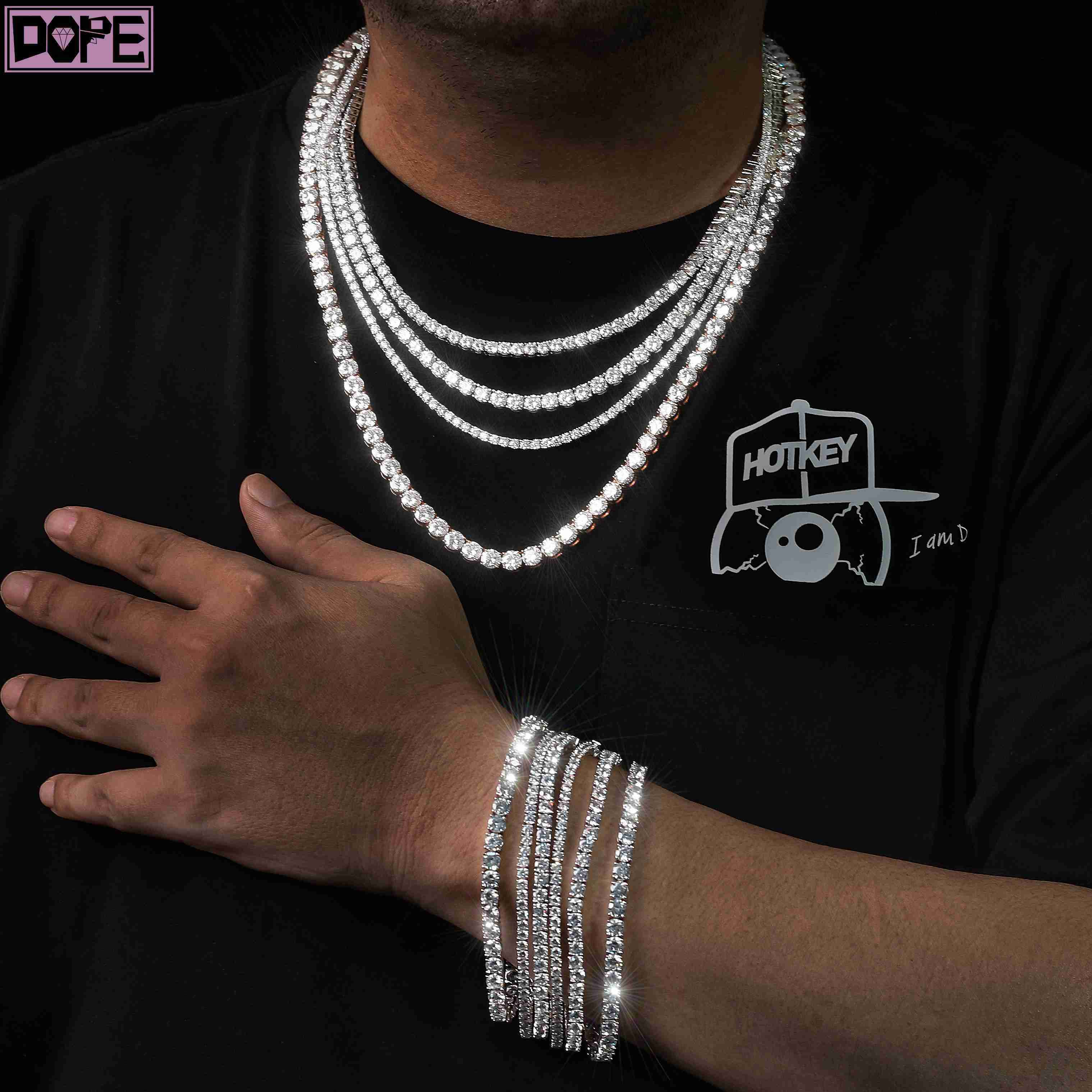 Trendy Size 3mm 4mm 5mm 6mm Iced Out Moissanite Chain 925 Silver Tennis Chain Hip Hop Moissanite Tennis Chain