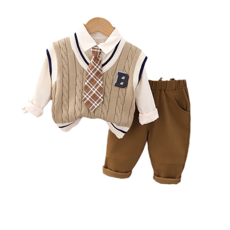 2025 New Autumn Toddler Boys' Preppy Style 3 Piece Set Sweater Vest Tie & Shirt Suitable for Spring & Autumn