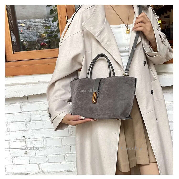 Brown Suede Tote Designer Women Bags Shoulder Handbag Roomy Design & Metal Hardware Bag