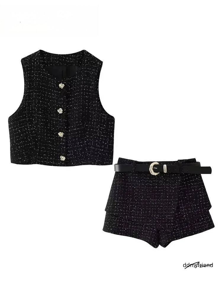 Belt Shorts Skirts Sets For 2 Pieces 2024 New Fashion Tweed Vest Coat Elegant Suit Two Piece Set Women Outfit Dongdumaoyi ddmyfriend