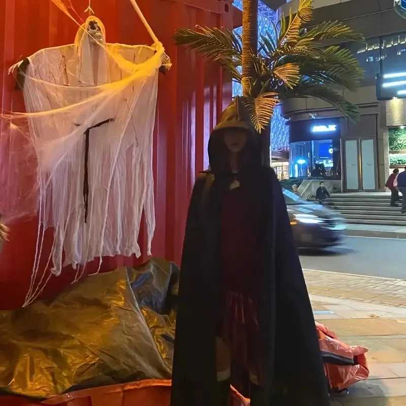 Halloween Cloak Soft Unisex Hooded Black Robe Witch Long Cape Cosplay Costume Prop Party Performance Supplies Holiday Decoration L250918