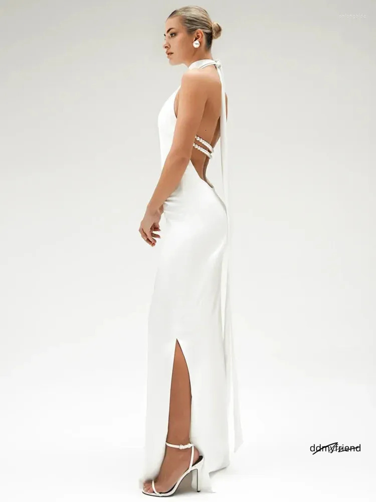 Casual Dresses Chic Women Celebrity Sexy Backless Halter Pearl Black White Maxi Long Bodycon Dress Elegant Evening Club Party Outfit ddmyfriend