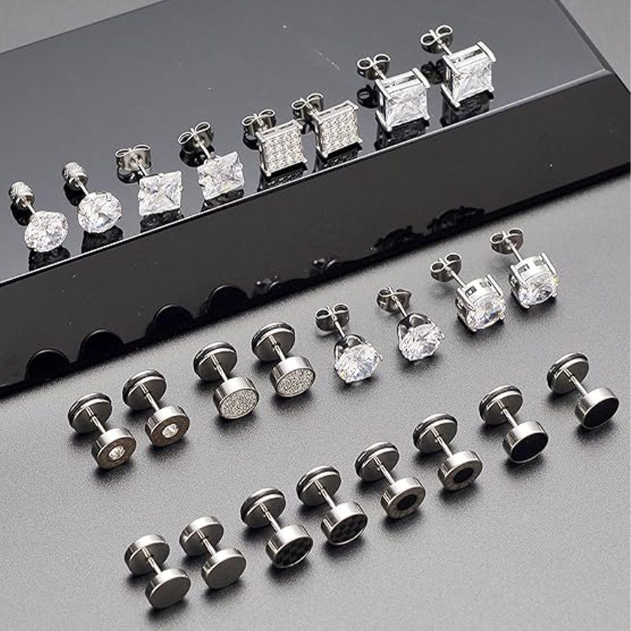 12 Pairs Stainless Steel Stud Earrings Cubic Zirconia Cartilage Barbell Earring Set for Men Women Silver Tone 8mm