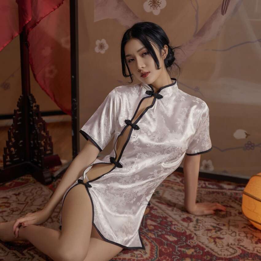 Sexy Side Open Satin Printed Cheongsam Pajamas Nightdress Passionate Women's Lingerie Temptation