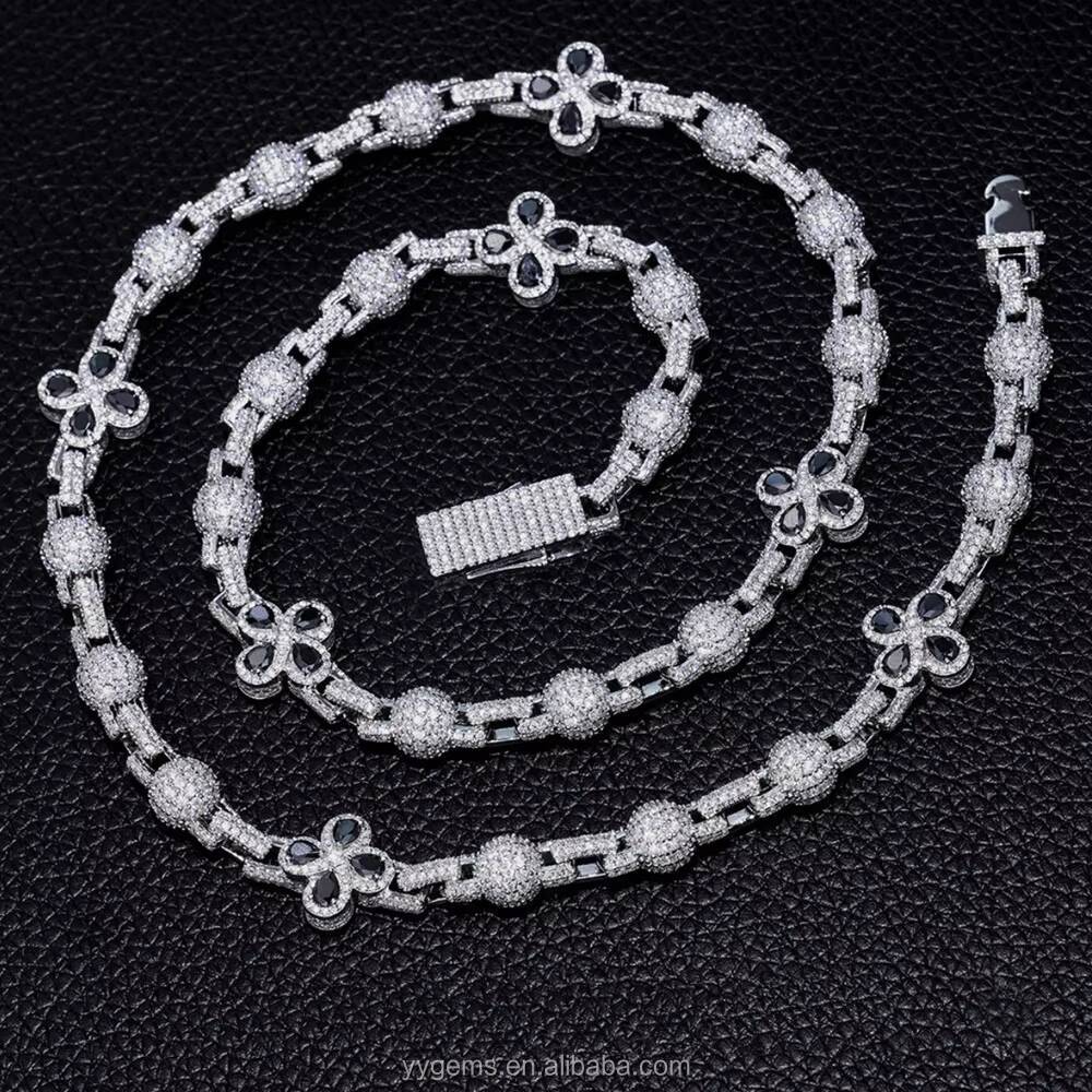 New Arrivals Pass Diamond Test Iced Out Moissanite Black Clover Solid Silver Cuban Link Ball Chains Mens Chain Necklace