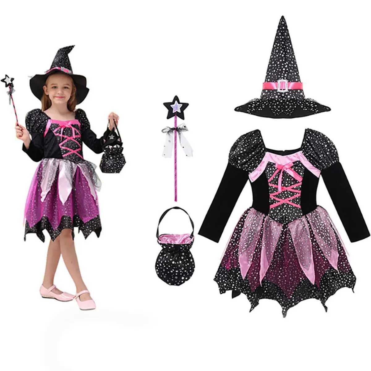 2025 Classic Halloween Festive Dress Girls Cosplay Pink Cute Short Sleeve Witch Vampire Cute Dress Hat Magic Stick Bag Set L250918