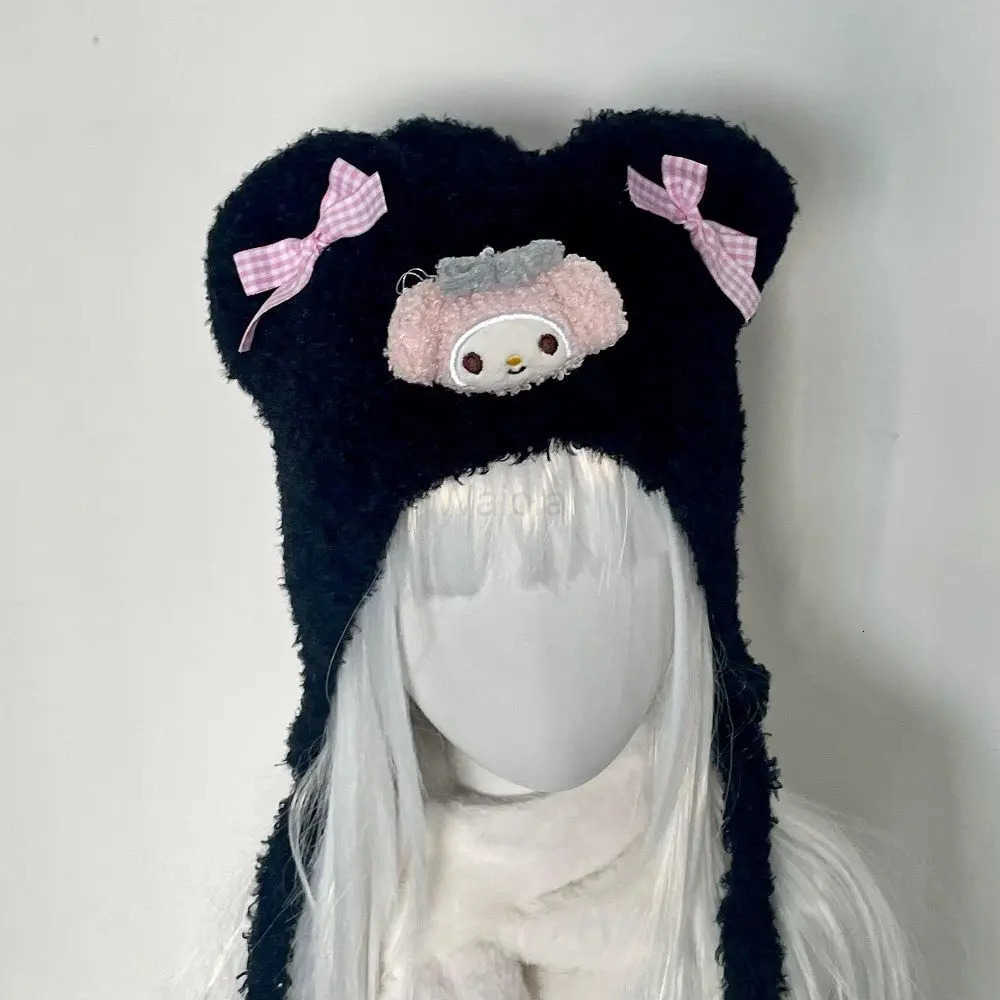 Sanrio New Cinnamoroll My Melody Hat Kawaii Kuromi Cute Bow Bear Ear Needle Knitted Hat Cartoon Plush Solid Color Ear Protection Hat L250919