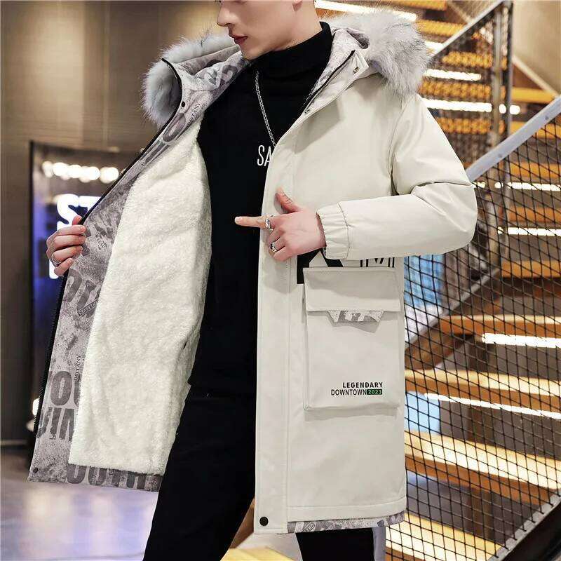 Fashion Men's Thicken Hooded Plush Jacket 2025 Autumn Winter Streetwear Mid-Length Warm Fleece Coat Windproof Top Parka Clothing