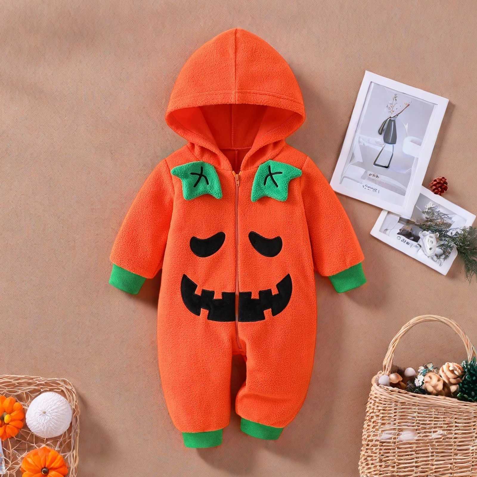 Cute Halloween Costume Baby Boy Girl Pumpkin Romper Contrast Trim Long Sleeve Hooded Jumpsuit L250918