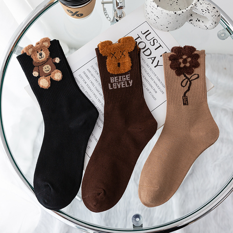 Feather Yarn 3D Bear Flower Autumn Winter New Combed Cotton Cartoon Mid-Calf Trendy Socks