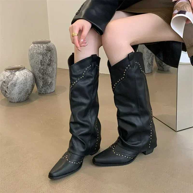 Woman Cowgirl Boots Fashion Slip On Ladies Elegant Square Heel Long Pipe Boots Shoes Retro Womens Winter Footwear W250919