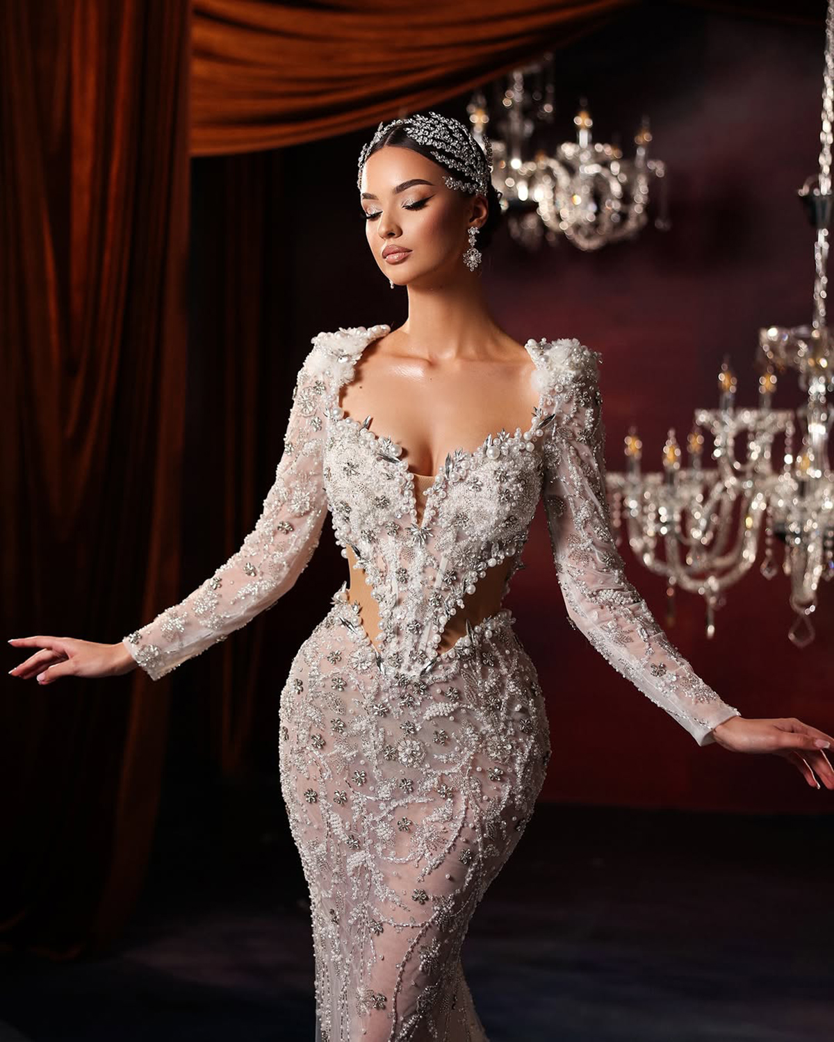 Gorgeous Mermaid Wedding Dress Sweetheart Neck Long Sleeves See Through Bridal Gowns Pearls Crystal Sweep Train Dresses Custom Made vestidos de novia