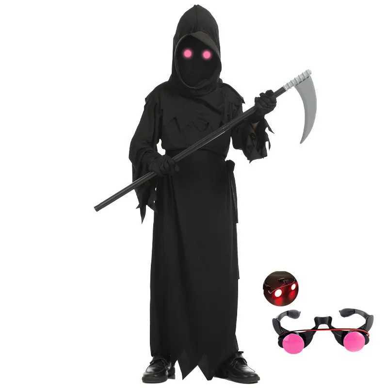 Halloween Cosplay Costume Grim Reaper Scary Skeleton Costume Children Glowing Red Eyes Grim Reaper Ghost Robe Send Scythe Props L250918