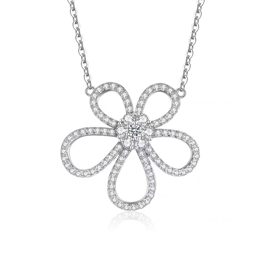 Titanium Steel Necklace Long Full Dia Five-Petal Flower Pendant Elegant Light Versatile Petal Sweater Chain Accessory Jewelry