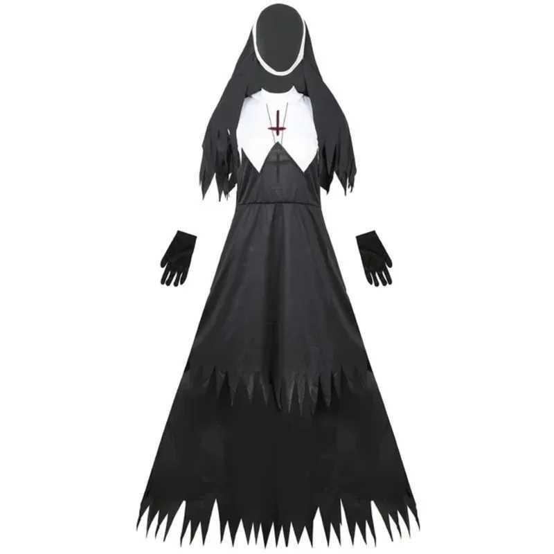 Demon Nun Sister Costume Halloween Womens Black Scary Evil Cross Terror Vampire Zombie Nun Cosplay Costume Fancy Dress L250918