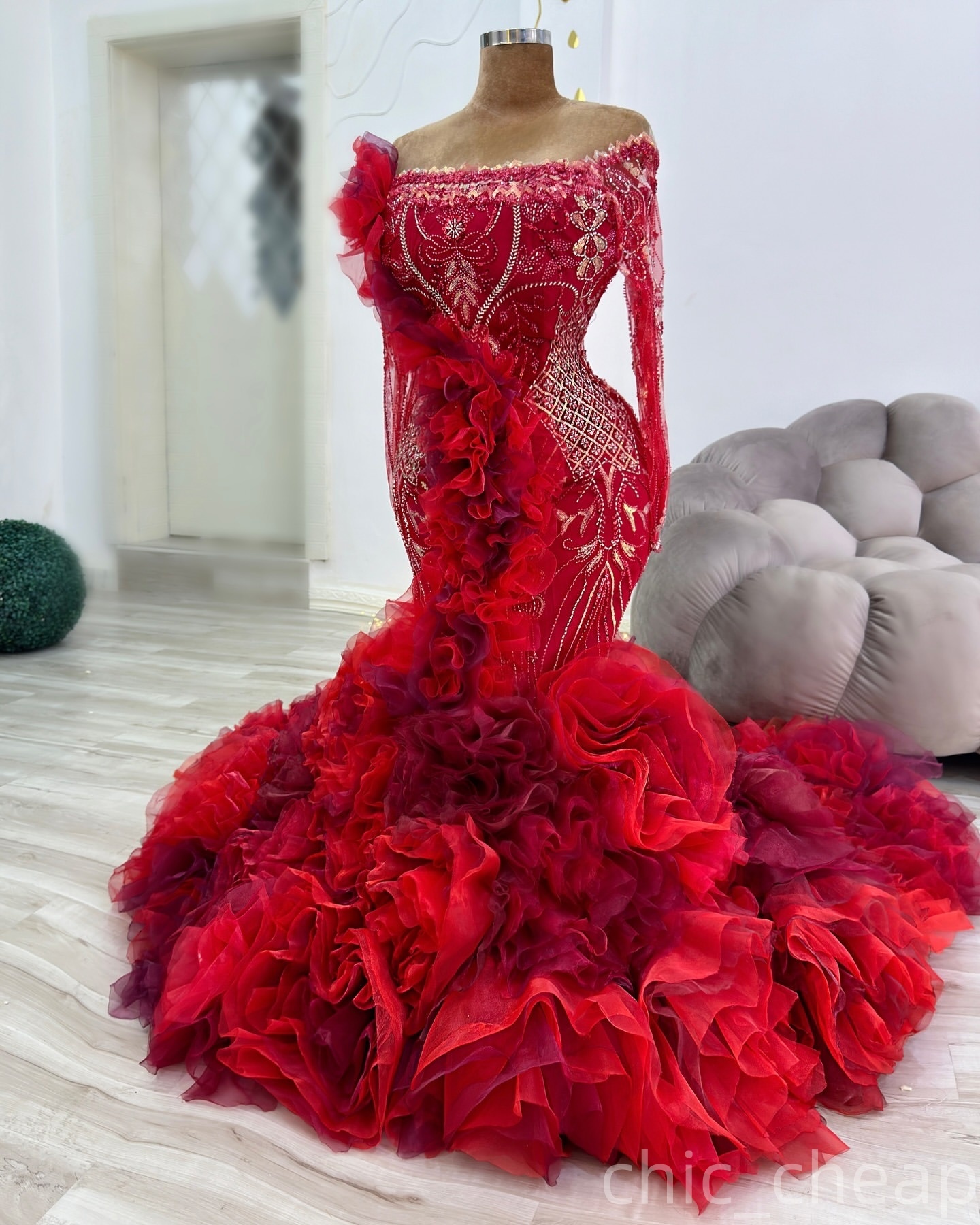 Mermaid Red Prom Dresses 2025 Flowers Beaded Lace Sheer Neck Evening Formal Party Second Birthday Engagement Gowns Plus Size Dress For Special Occasio