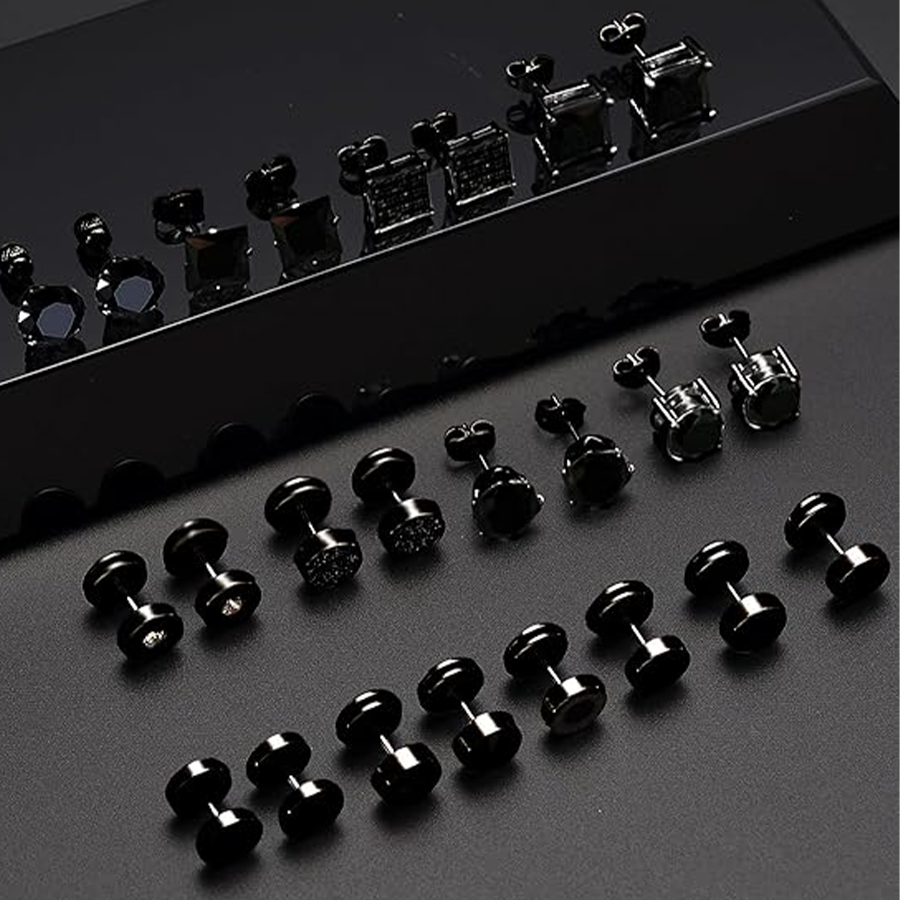 12 Pairs Stainless Steel Stud Earrings Cubic Zirconia Cartilage Barbell Earring Set for Men Women Black Tone 8mm