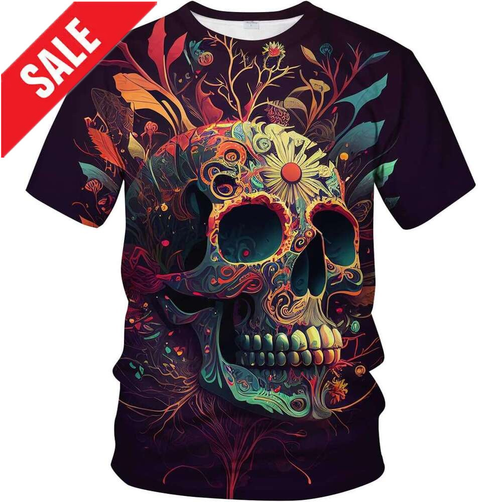 Halloween Mens T shirt Mens Novelty Floral Skull Short Sleeve Trippy Shirts shirts tshirt graphic tee Casual tops summer clothes Short sleeve 2025