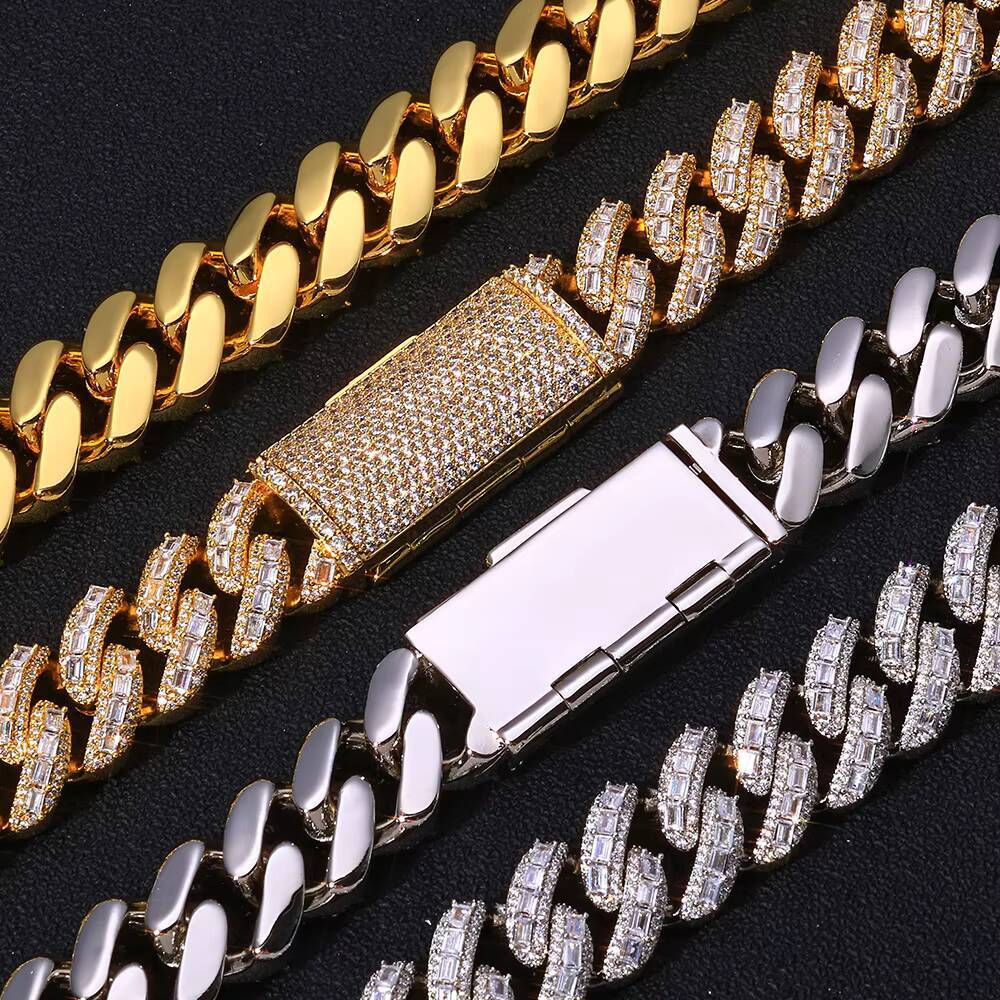 NUOYA Flip Lock Cuban Bracelet 18mm Gold Plated Iced Baguette Cut Moissanite Hip Hop Heavy Duty Jewelry