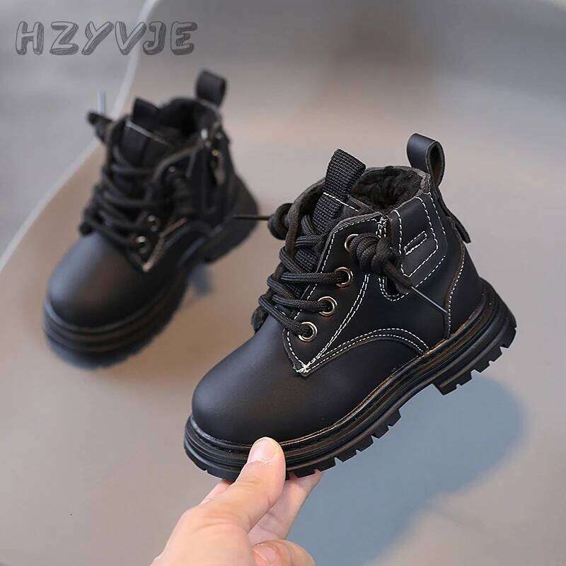 New Children's Fashion Winter Thickened Boys Girls' Anti Slip Warm Leather Boots Side Zipper Solid Color Kids Casual Shoes