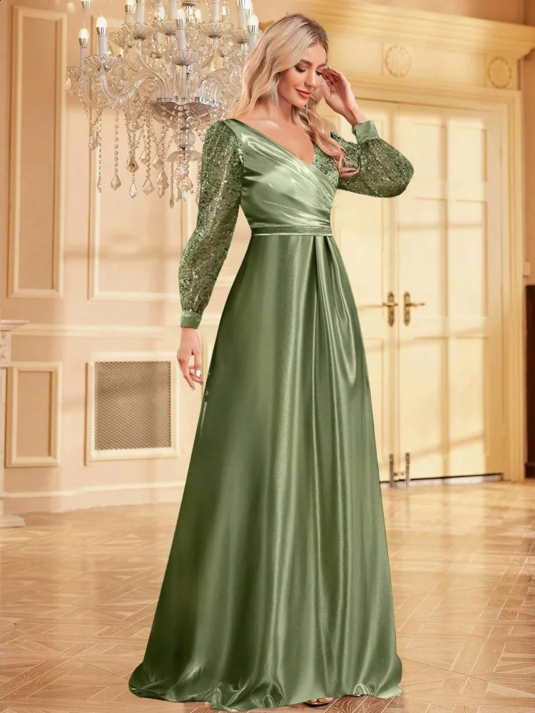 Blue VNeck Sequin Evening Dress Elegant Women Party Maxi Dress Long Sleeve Cocktail Dress Prom Gown 250919BJ - view 5