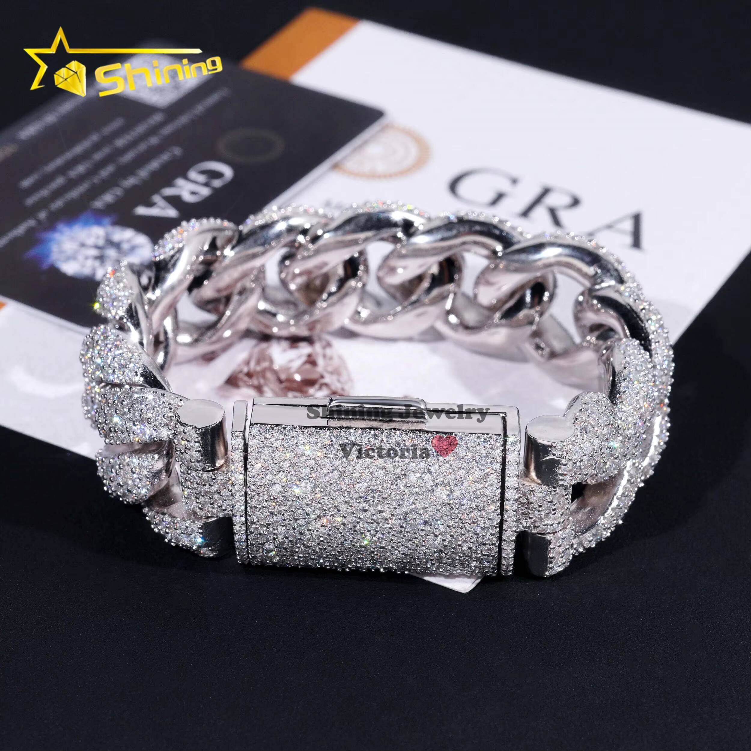 Luxury Hip Hop Style Jewelry Custom Lack 925 Silver White Gold Plated 23MM Moissanite Diamond Cuban Link Bracelet Mens