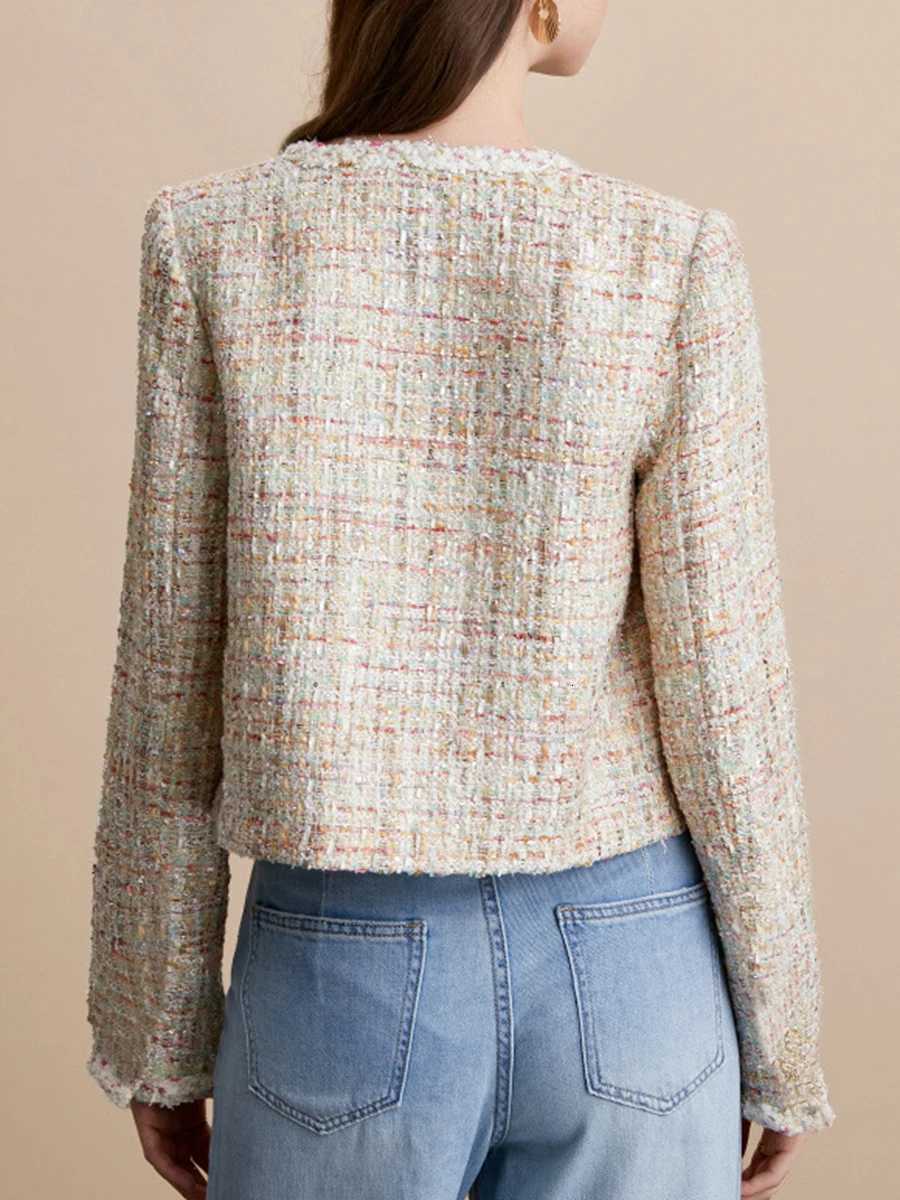 VGH Slimming Elegant Short Jackets For Women Round Neck Long Sleeve Spliced Button Autumn Temperament Jacket Female Fashion New Z250918