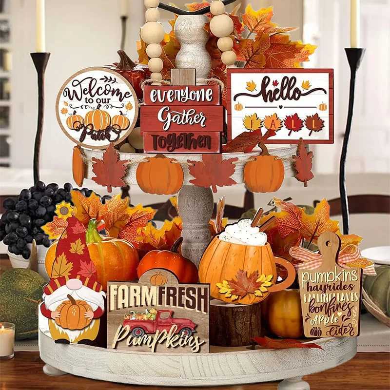 Thanksgiving Day Wooden Desktop Ornament Table Decoration Fall Harvest Tiered Tray Decor Pumpkin Maple Leaf Accents Farmhouse C250919