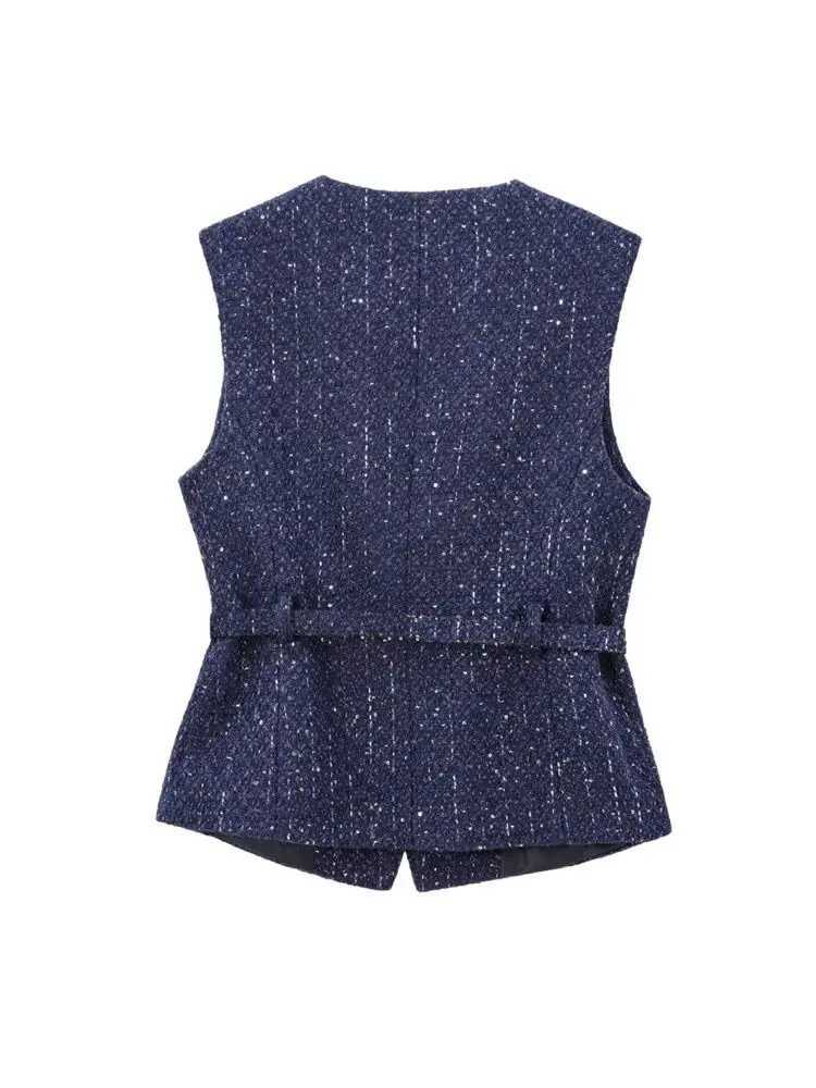 TRZAWomens Tweed Waistcoat with Belt O Neck Sleeveless Front Button Female Outerwear Chic Tops Fashion Z250918
