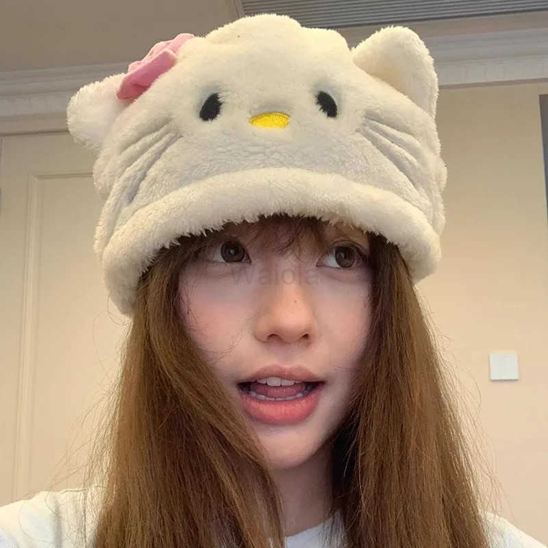 Sanrio Japanese sweet cartoon hellokitty plush hat energetic autumn and winter white Katie girl heart ear protection hat L250919