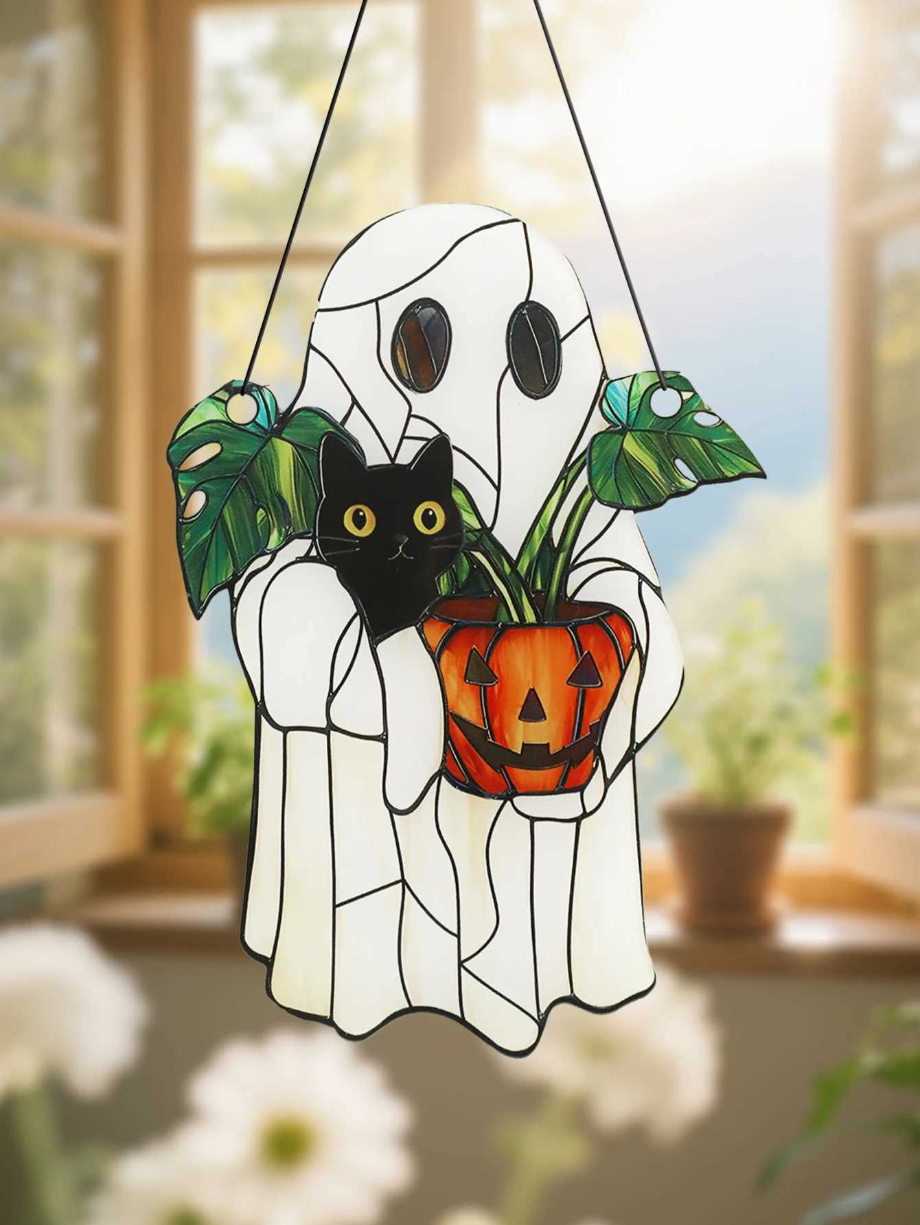White Halloween Ghost Window Hanging Acrylic Black Cat Pumpkin Shaped Plant Pot Room Pendant for Home Garden Wall Decor Gift C250919