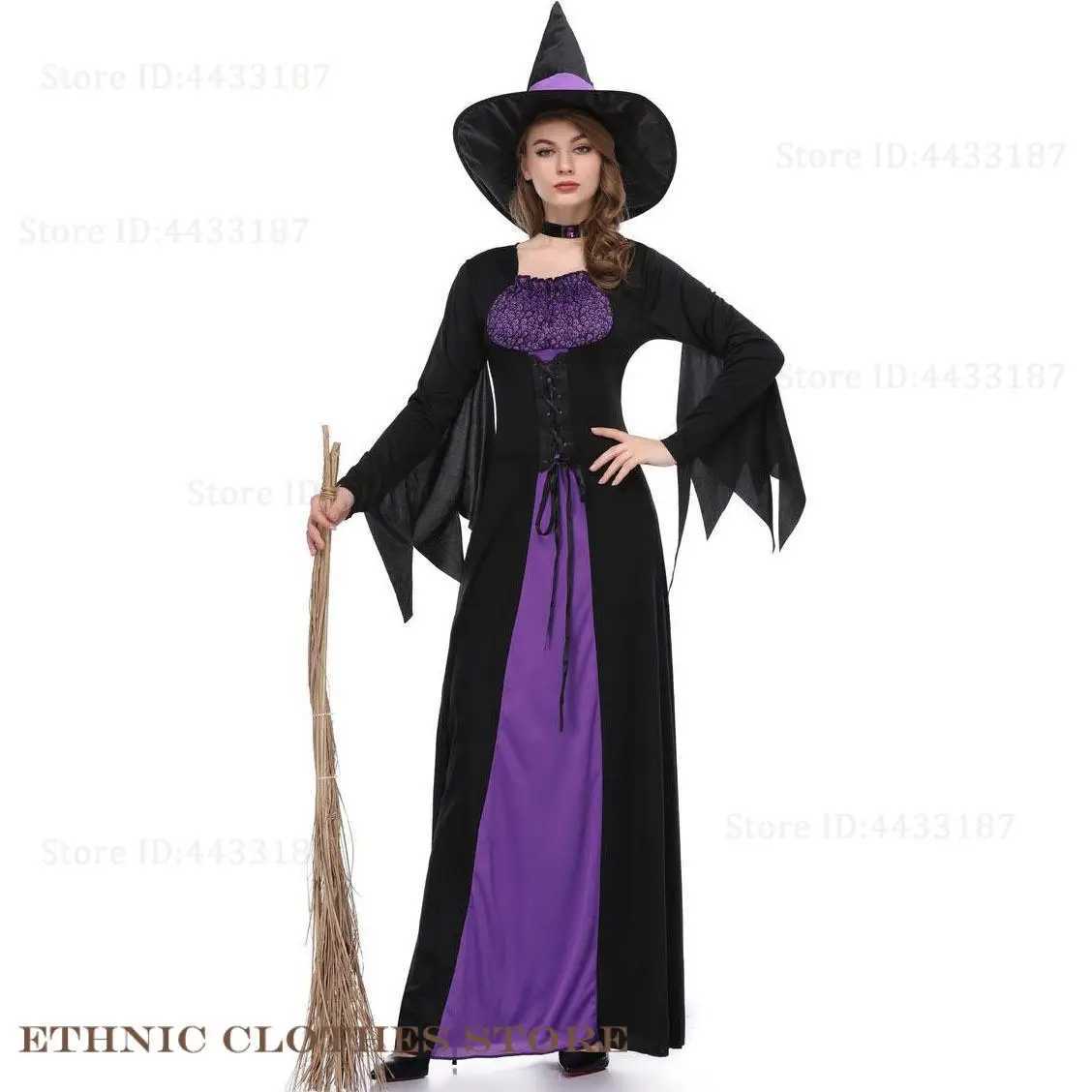 Adult Women Halloween Witch Cosplay Costume Purple Patchwork Vampire Witch Dress Carnival Party Makeup Ball Performance Uniform L250918
