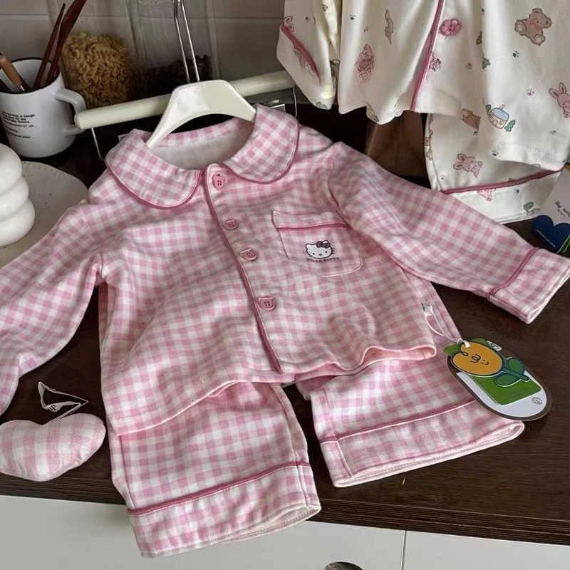 Sanrio New Hello Kitty animation peripheral cartoon cute childrens pajamas highlooking little girl home wear cardigan twopiece set L250919